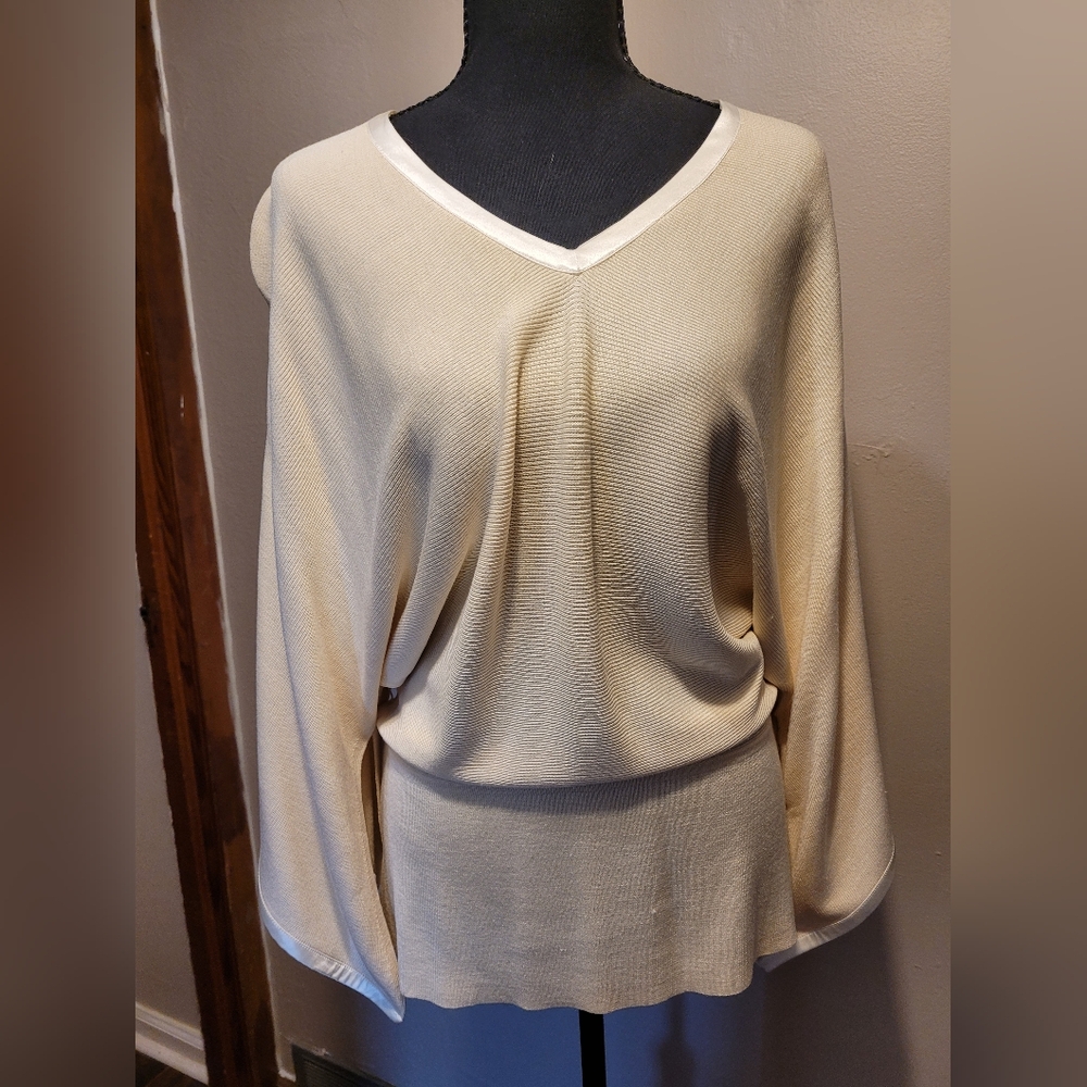 Silk Assets Bat Wing 3/4 Sleeve Ribbed Top 100% Silk Medium